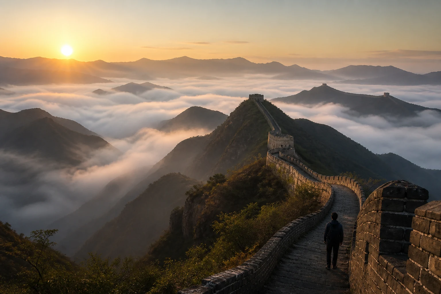 Illustrative internal dawn view of the Great Wall winding above a sea of cloud with one traveler