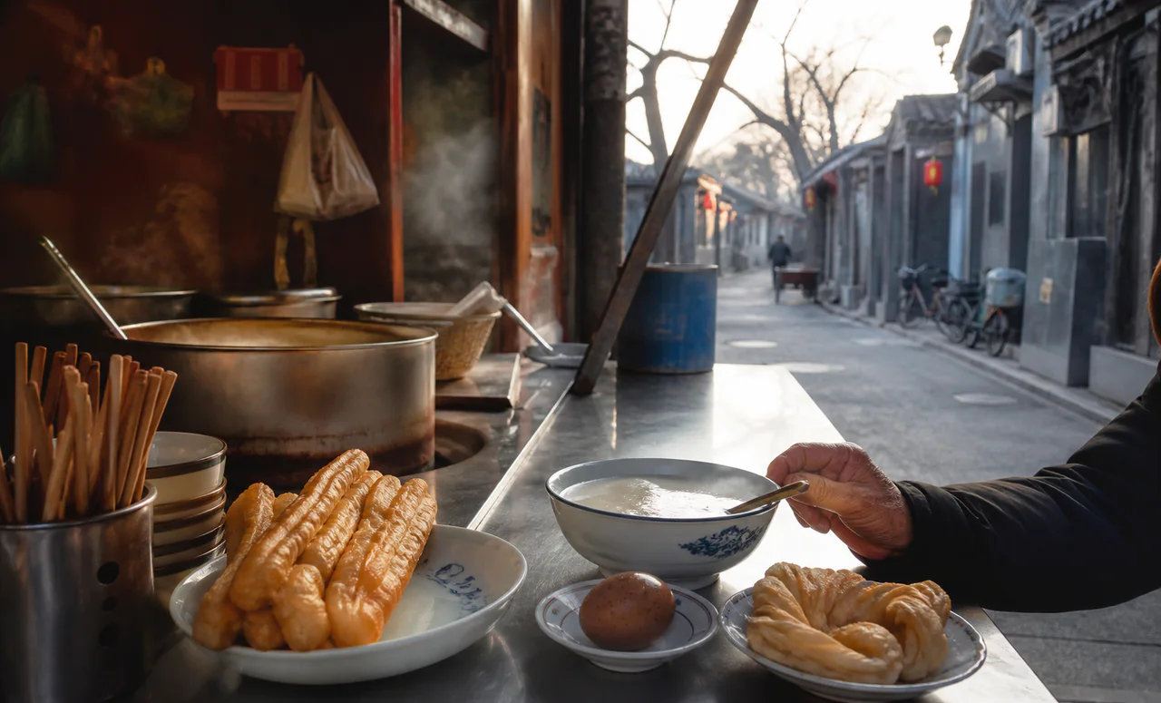 Youtiao and a tea egg served for breakfast in Beijing