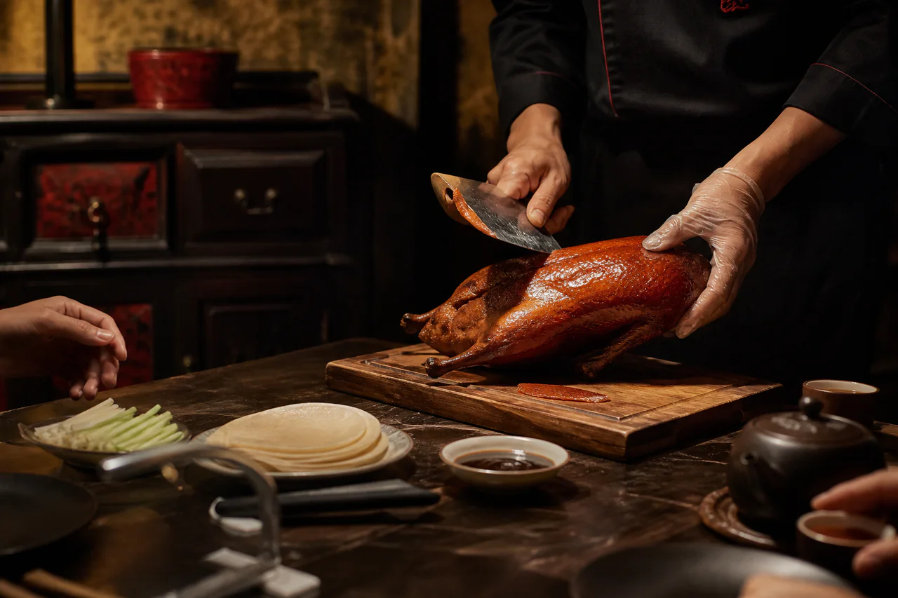 Peking duck with pancakes, scallion, cucumber, and sauce