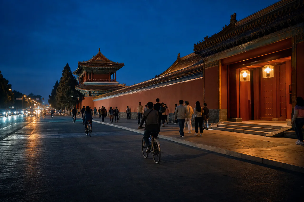 Tiananmen illuminated after dark in Beijing
