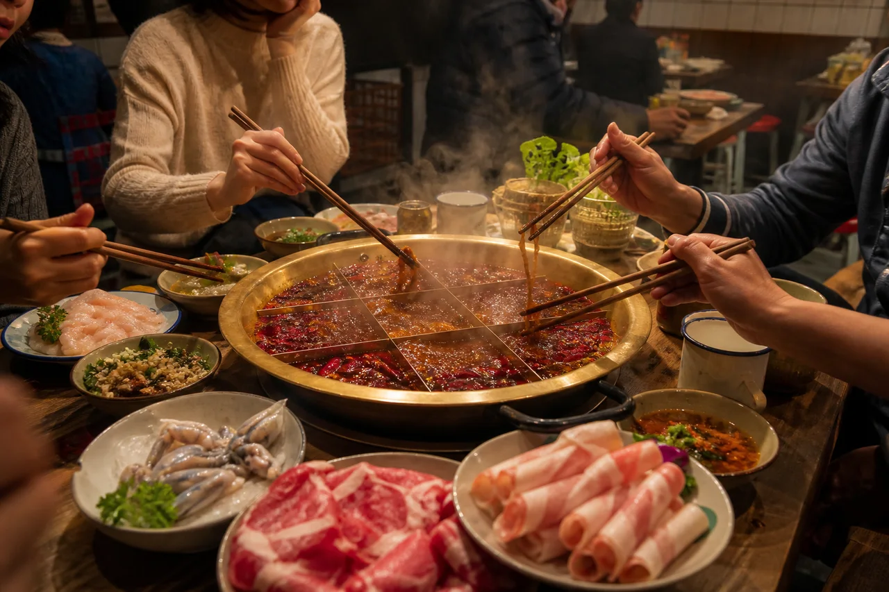 Illustrative editorial view of friends sharing a steaming Chongqing-style hotpot