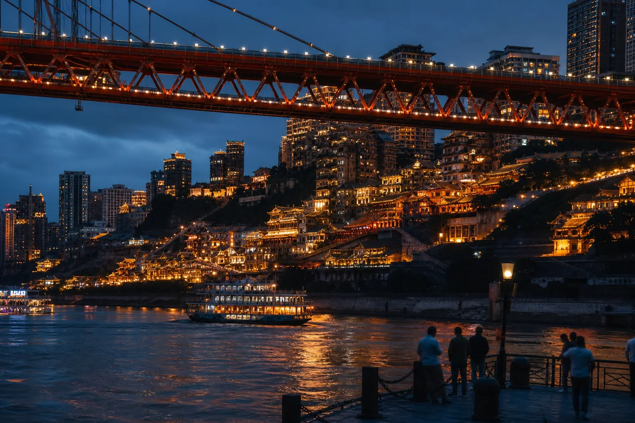 Illustrative editorial view of a bridge and layered riverside city after dark