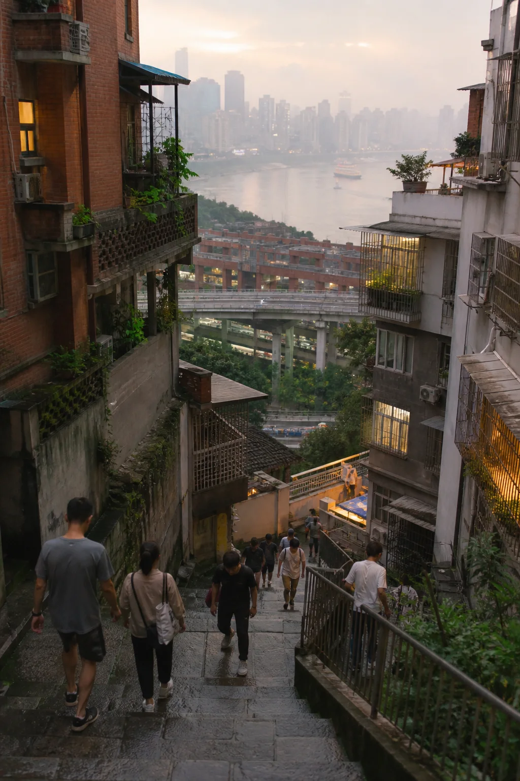 Illustrative editorial view down steep hillside stairs toward a river city